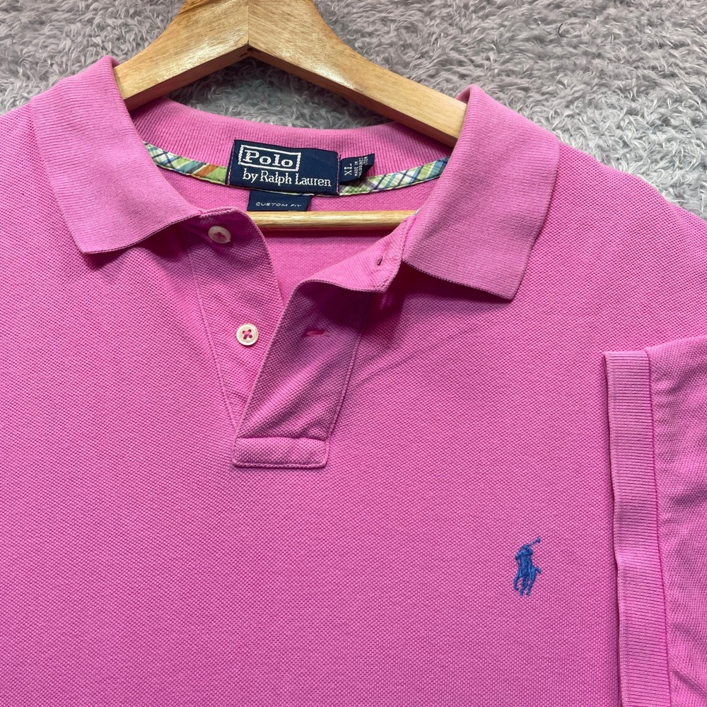 Polo Ralph Lauren Mens XL Pink Custom Fit Short Sleeve Pique Polo Blue Pony Logo